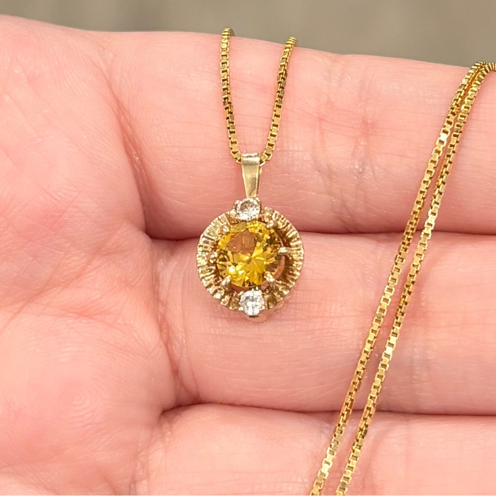 Vintage 10K Yellow Topaz Pendant, Small Petite, CZ Accent, Golden Regal Style - Picture 3 of 15